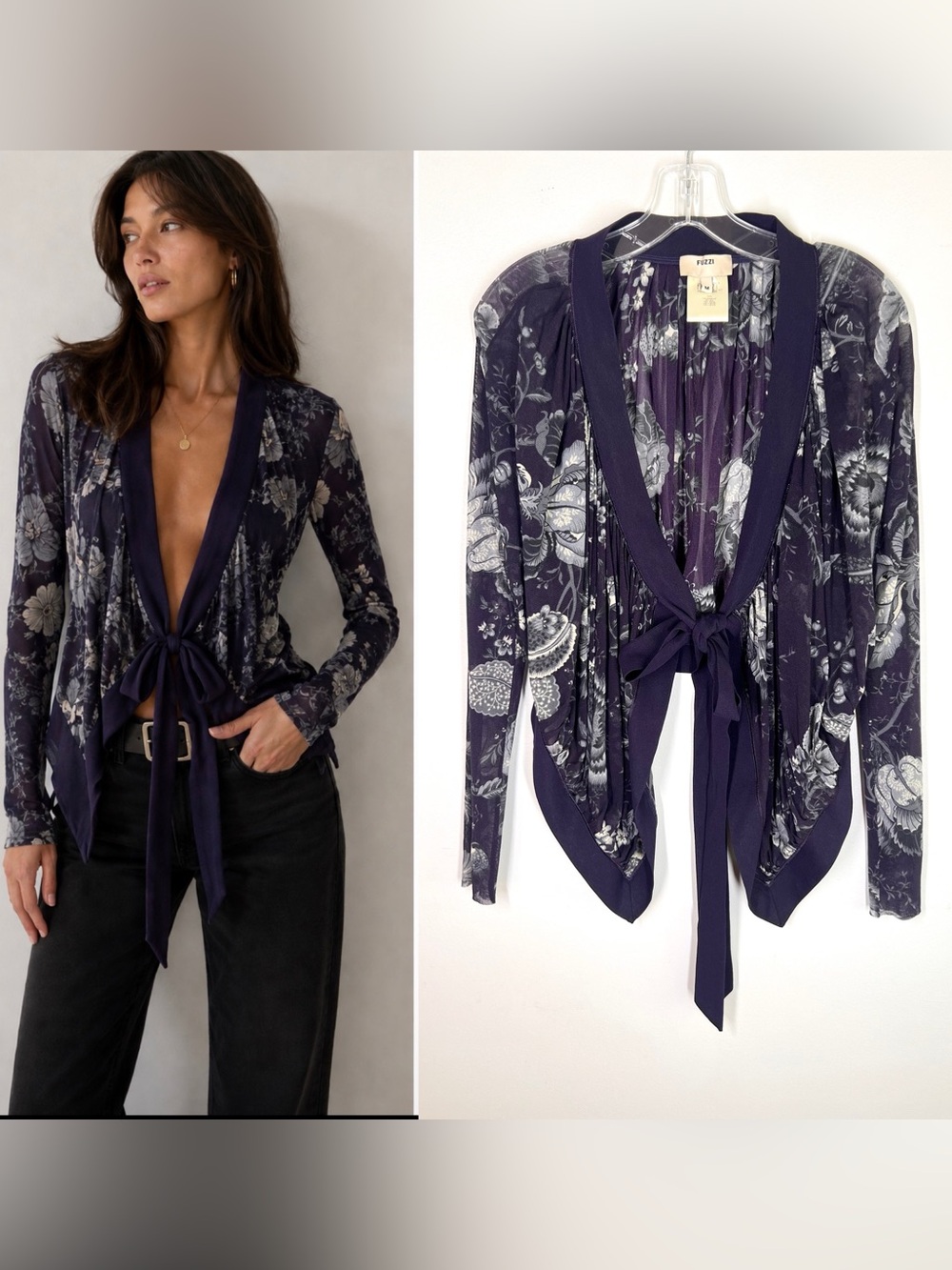 Fuzzi Tulle Mesh Top Tie Front Long Sleeve Purple Floral Made Italy y2K Sz M